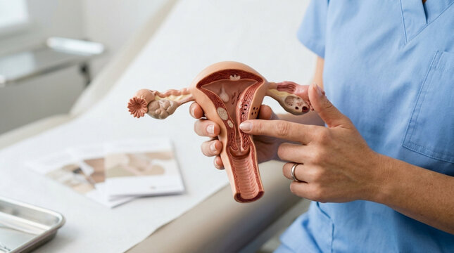 Healthcare professional shows anatomical model of female reproductive system