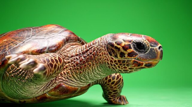 Side view of a sea turtle turning its head on a green screen backdrop - Turtle turning head 20260404
