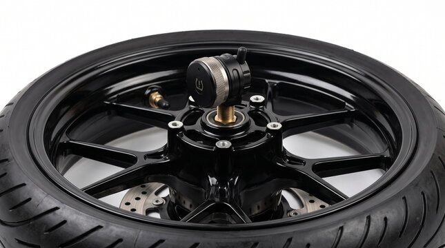 Close-up of a Wireless Motorcycle TPMS Sensor Mounted on a Precision Wheel Balancing Stand