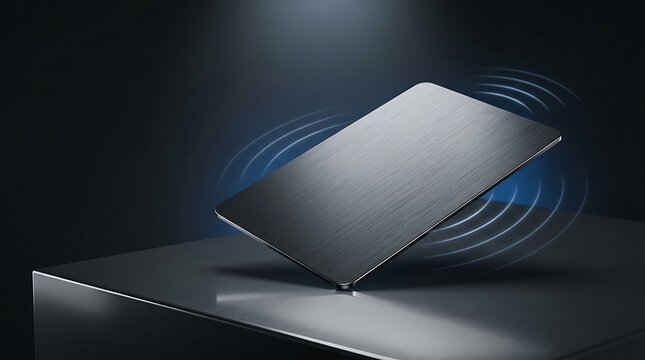 Wireless NFC smart card chip glowing on sleek futuristic dark platform with blue light waves