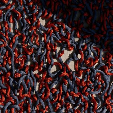 Blue and red Otomi tenango embroidery texture with raised satin stitch thread on a woven cotton background for textile craft and heritage design