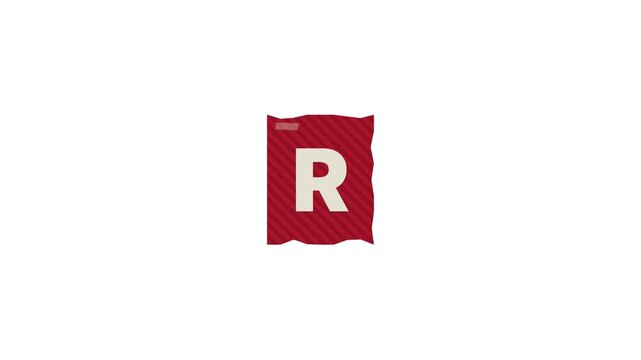 Bold ransom note letter cutout with red patterned paper and jagged torn edges dropping and bouncing to rest on white background seamless loop