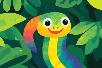 Fototapeta premium Colorful rainbow snake emerging from green foliage with a cheerful expression