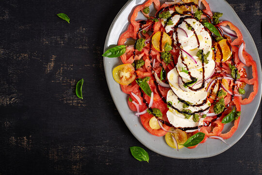 Healthy Vegetarian Salad with Mozzarella and Tomatoes. Top view