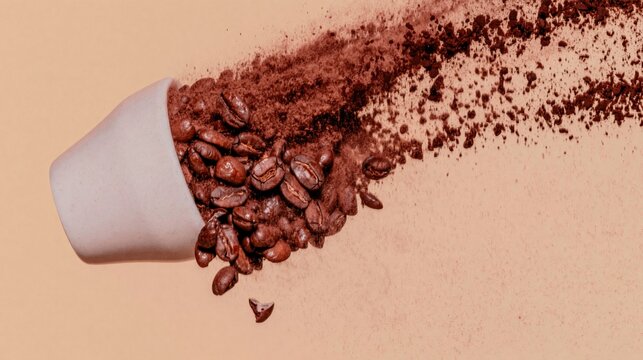 Roasted coffee beans and ground powder bursting from a white cup in mid-air against a beige background for food packaging and cafe advertising
