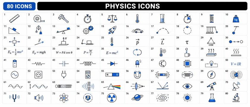 Physics Icon Set with Mechanics, Electricity, Magnetism, Optics, Waves and Scientific Instruments
