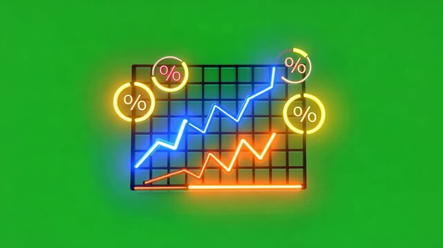 Neon financial graph rising with circular indicators during a green screen presentation