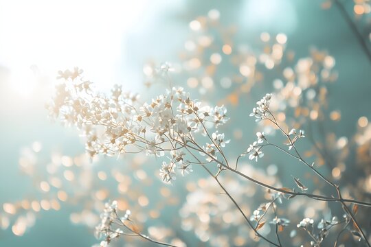 Delicate white blossoms on a branch with soft golden bokeh and dreamy teal background, creating an elegant spring nature backdrop for weddings, beauty, wellness and branding
