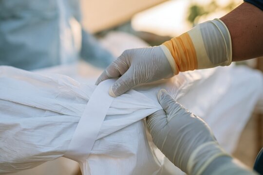 Close up of a gloved hand sealing a protective suit cuff with adhesive tape, showing crinkled white fabric for medical safety and emergency response