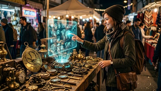 Woman interacting with a futuristic holographic display showing world map and data at an outdoor market stall