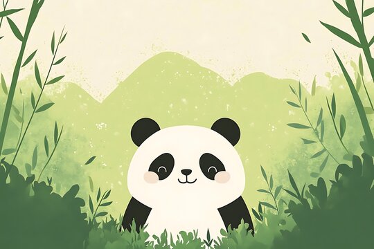 A cute panda peeking through the lush green forest foliage with a gentle smile.