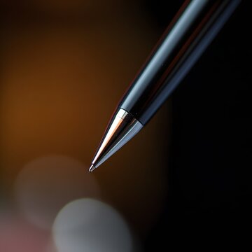 Premium black ballpoint pen close-up with chrome tip and cinematic bokeh, ideal for luxury stationery, business, writing, signature, office and professional branding