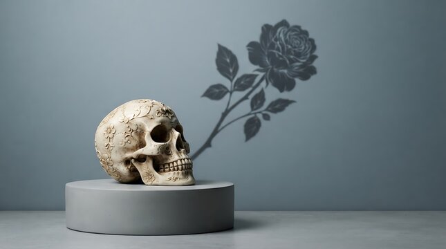 A hauntingly beautiful still life featuring a human skull and a dark rose evoking themes of mortality and the ephemeral nature of