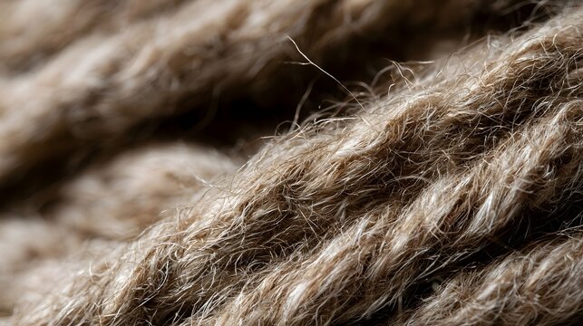 Close up of textured brown yarn strands showing fine fibers and natural woven patterns under soft lighting