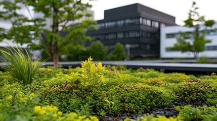 Fototapeta premium A lush green rooftop garden with low lying plants and small trees against a modern building backdrop