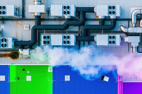 Top down view of industrial rooftop cooling units and ventilation systems on a data center for thermal management and hyperscale computing infrastructure