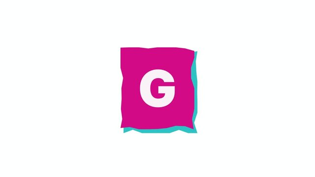 Large neon magenta letter cutout with offset cyan drop shadow paper tile jittering with rapid position shifts on white background loop
