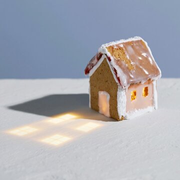 A miniature gingerbread house casts a glowing architectural floor plan shadow on a textured surface for holiday design and home lighting concepts