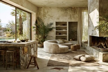 Obraz premium Spacious luxury living room with a stone kitchen island and curved sofa opening to a sunlit pool area for high-end real estate and interior design