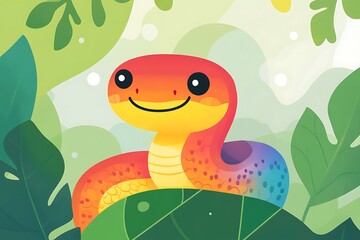 Obraz premium A cheerful cartoon frog sitting amidst vibrant green foliage in a sunny outdoor setting