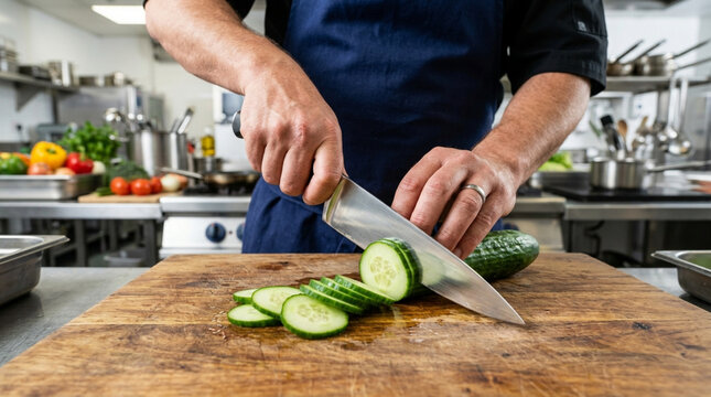 Chef Slicing Cucumber on Wooden Cutting Board in Professional Kitchen