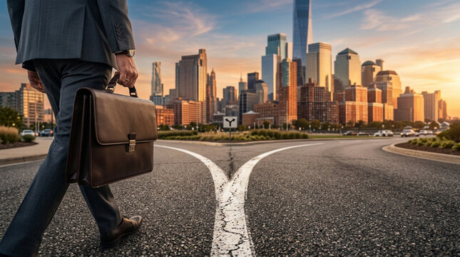 Businessman with briefcase at crossroads leading to city skyline at sunset