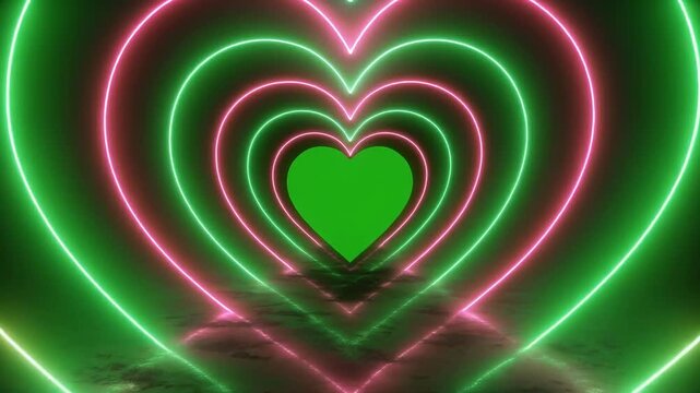 Neon heart tunnel animation with green screen for romantic concept