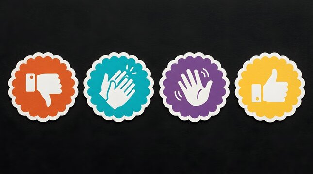 Set of four colorful round icons with hand gestures including thumbs down, clapping hands, waving hand, and thumbs up on black background