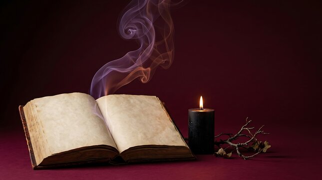 An ancient mysterious and captivating halloween scene featuring an open spellbook and a flickering candle in the darkness