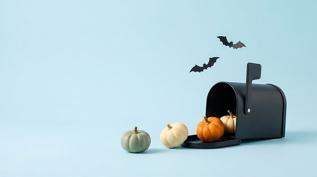 A spooky halloween scene a black mailbox overflowing with miniature pumpkins and silhouetted bats in flight