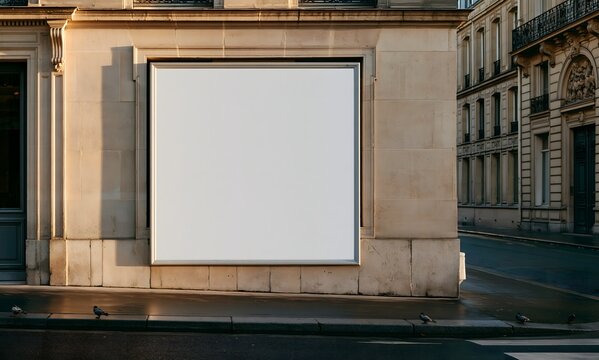 a square billboard screen with thin gray metallic frame, the screen fills an old window opening with beautiful frame, the screen is on a wall of an old Haussmann building in central Paris