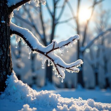 Icy crystals glisten on bare tree limbs, sparkling like diamonds in sunlight, ice, sparkle