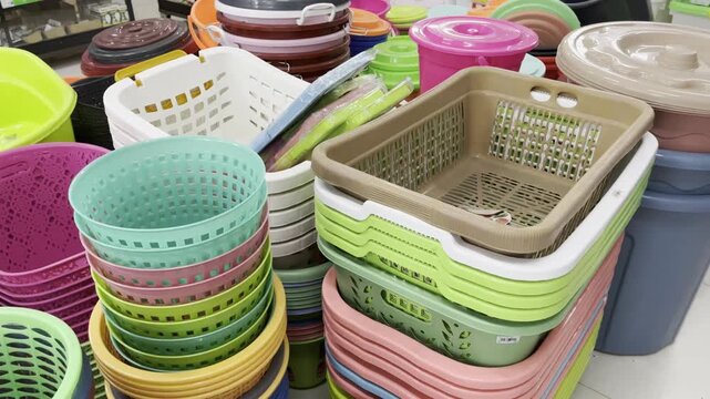 Close Up Stack of Plastic Houseware Storage Organizers Background Video