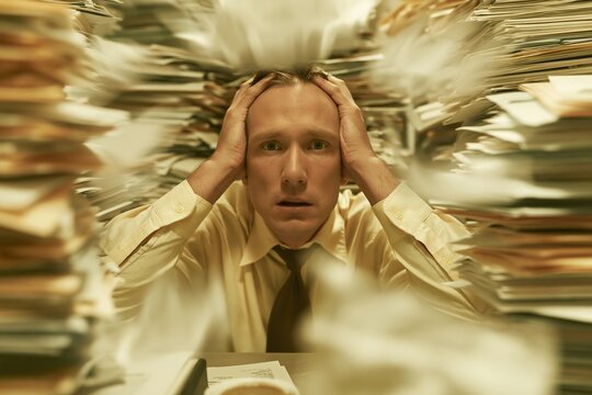 Frazzled office worker clutching his head while overwhelmed by towering stacks of paperwork and flying documents for burnout and workplace stress imagery