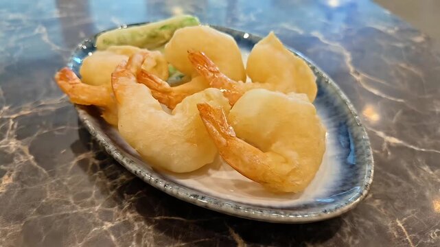 Crispy batter deep-fried shrimp prawns on plate, Crustacean Seafood Platter, Crunchy Bread Batter, Prawn Fish, Fishing Industry, Ocean Food, Rotating Shot