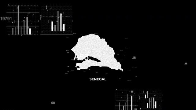 Senegal map animation showcasing economy, infrastructure, technology, population, energy, trade, and national development data for presentations, films, documentaries, and motion graphics.