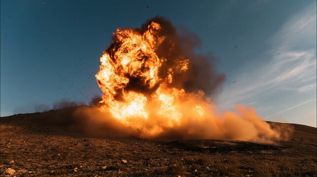 Massive fireball eruption from a desert berm with churning orange flames and rolling dust clouds for action film promotion and demolition industry content