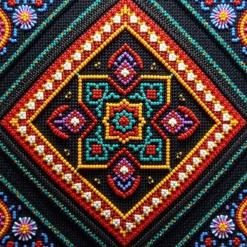 Intricate Ndebele beadwork design on a vibrant textile, featuring geometric patterns and rich colors , Textile, Beadwork