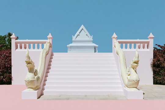 Ornate temple entrance staircase with naga serpent sculptures and pale mosaic tiles for Southeast Asian travel and spiritual brand advertising