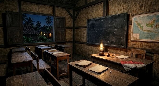 Vintage Indonesian Village Classroom at Night