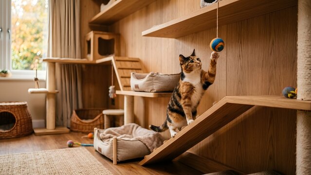 A calico cat playing with a ball on a multi-level wooden cat tree in a cozy living room.