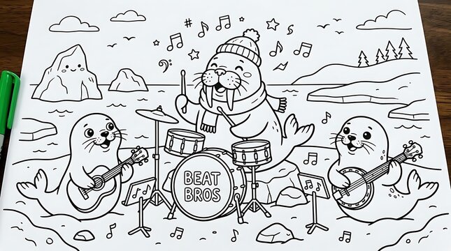 Walrus drummer and two seal musicians playing guitar and banjo in an arctic landscape with icebergs for kids coloring book activity