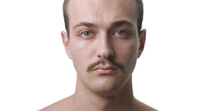 Frontal Close-Up Studio Portrait of Young Man with Mustache
