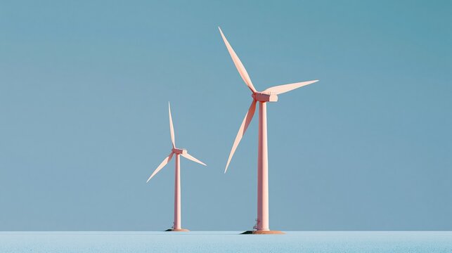 Modern pink wind turbines standing in a misty blue landscape at dusk, featuring smooth blade textures and a luminous glow for renewable energy branding