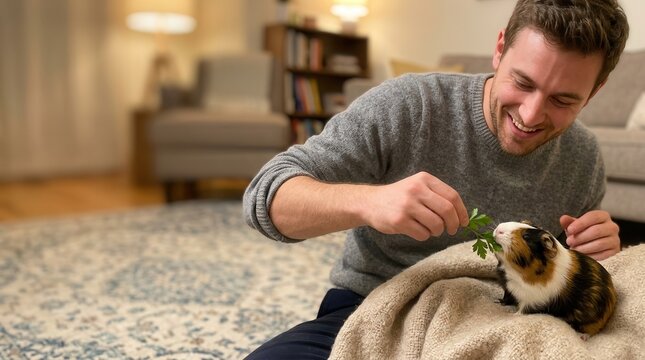 Connection as a Joyful Man Gently Feeds a Cute Guinea Pig Fresh Parsley in a Cozy and Serene Living Room Setting at Home