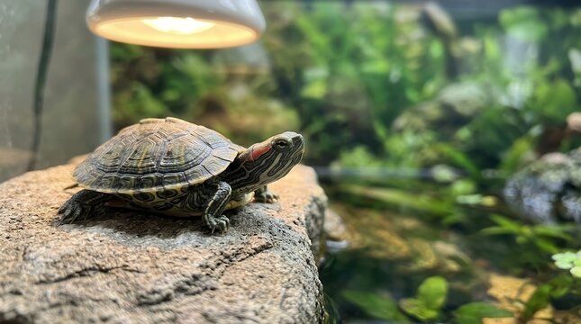 Red-Eared Slider turtle basks under a warm lamp on a rocky platform