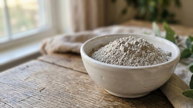 Composition of fine grey bentonite clay powder resting in a handcrafted ceramic bowl on a weathered wooden table