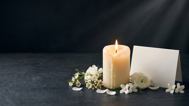 Burning candle with white flowers and blank card for remembrance and funeral sympathy