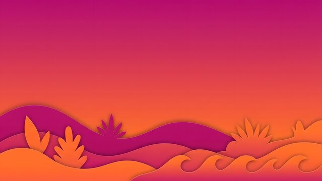 Paper cut abstract landscape with waves and plants in vibrant sunset gradient colors