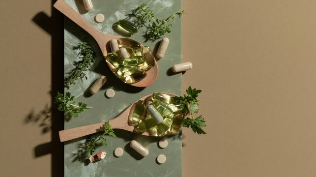 Wooden spoons filled with green fish oil softgels and capsules on a sage stone surface for a natural health and wellness concept